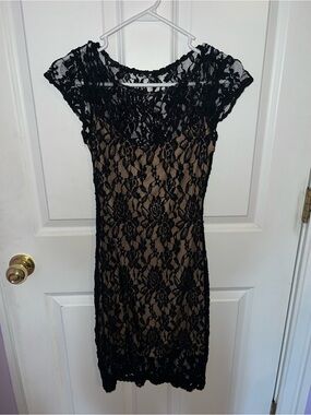 Black Lace Overlay Sheath Dress with Nude Lining